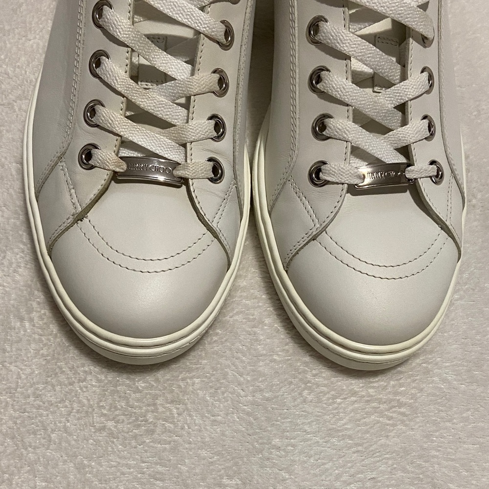 Jimmy Choo Off-White Leather Low-Top Sneakers with Silver Accents - Picture 2 of 11
